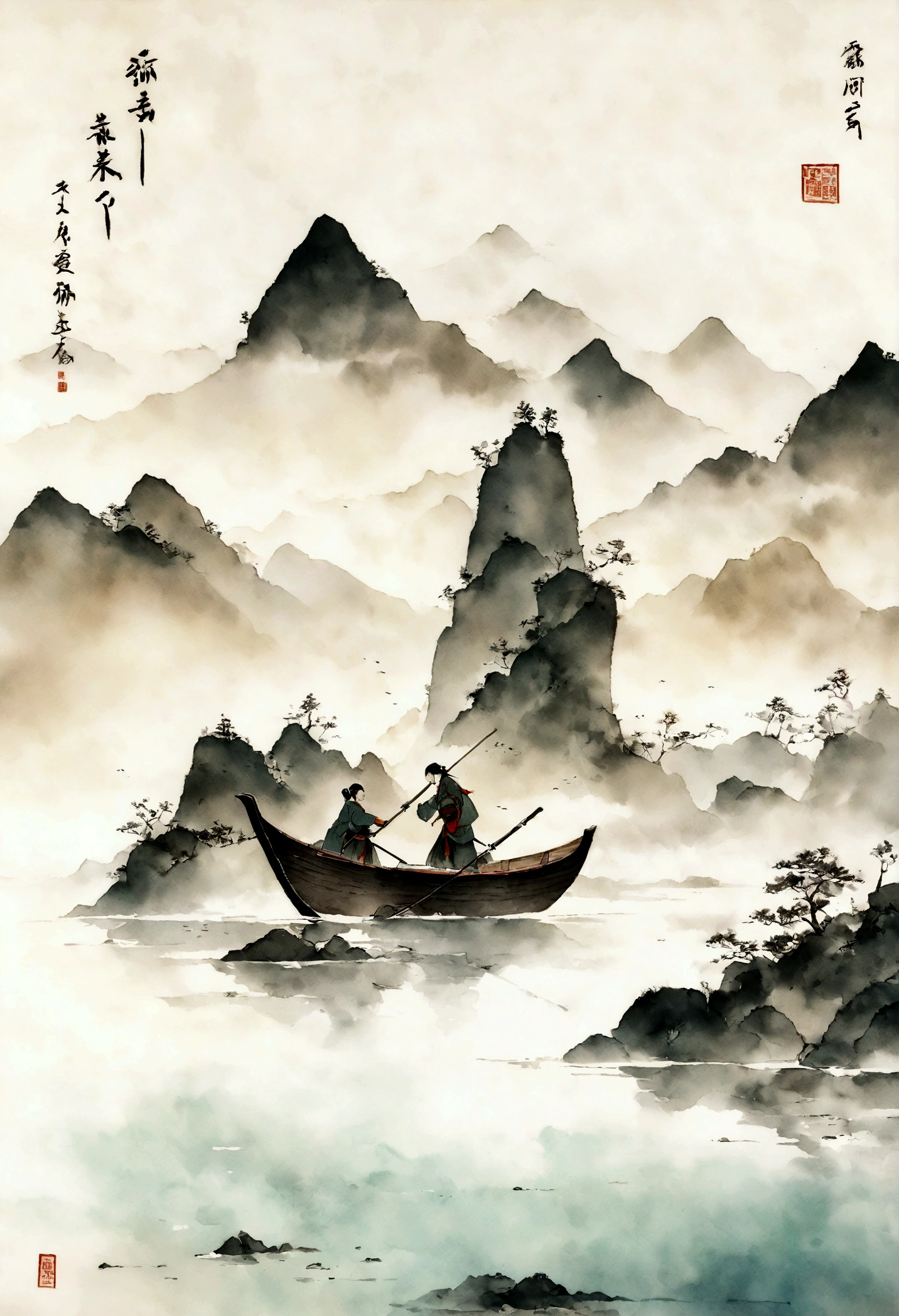 Chinese landscape painting，ink and watercolor painting，water ink，ink，Soil，meticulous，water ink，Soil，meticulous，Soil，Low saturation，Low contrast，The boat has passed thousands of mountains，Beautifully depicted，detailed，Acura，Zhang Daqian style，Rice background，masterpiece，masterpiece