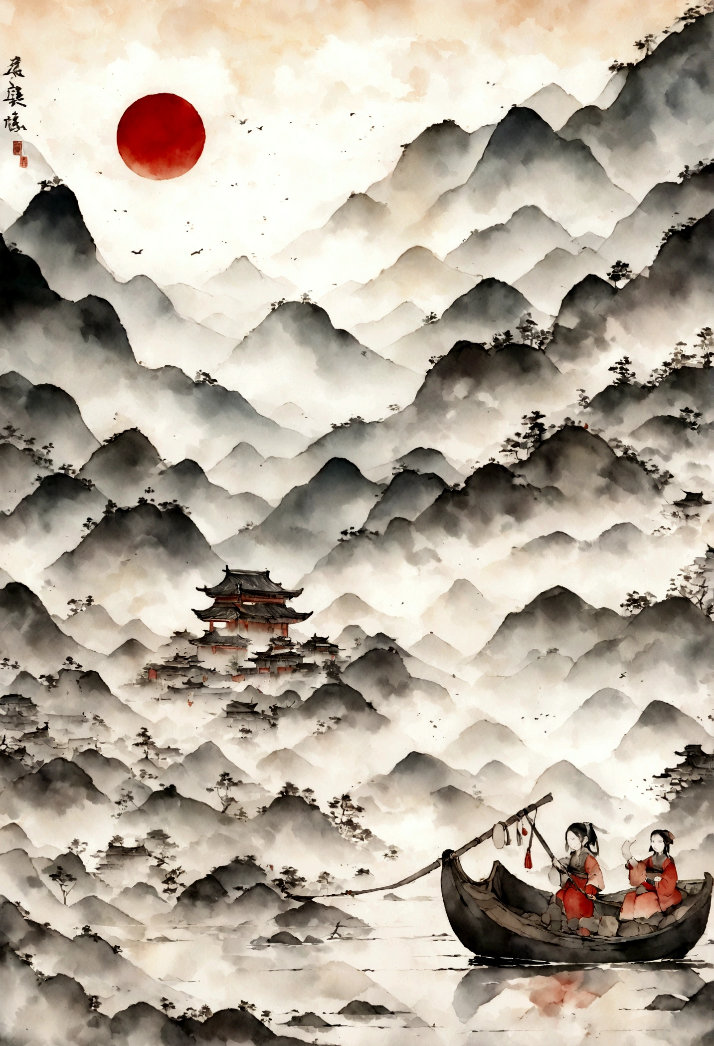 Chinese landscape painting,ink and watercolor painting,water ink,ink,Soil,meticulous,water ink,Soil,meticulous,Soil,Low saturation,Low contrast,The boat has passed thousands of mountains,Beautifully depicted,detailed,Acura,Zhang Daqian style,Rice background,masterpiece,masterpiece