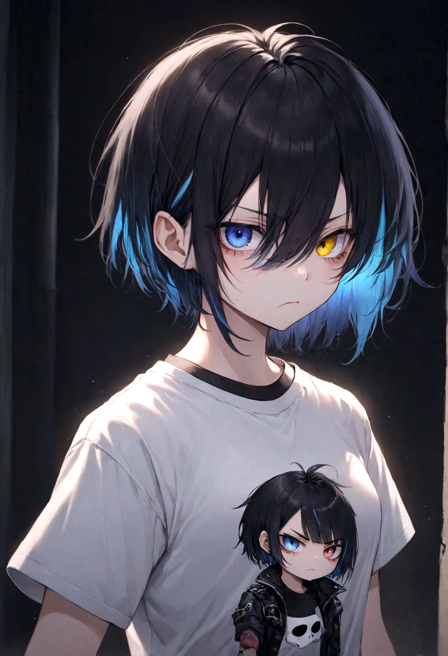 1 girl, , grumpy, short black hair with (colored hair streaks), heterochromia ,, tee shirt, tomboy, punk, accessories, vampire