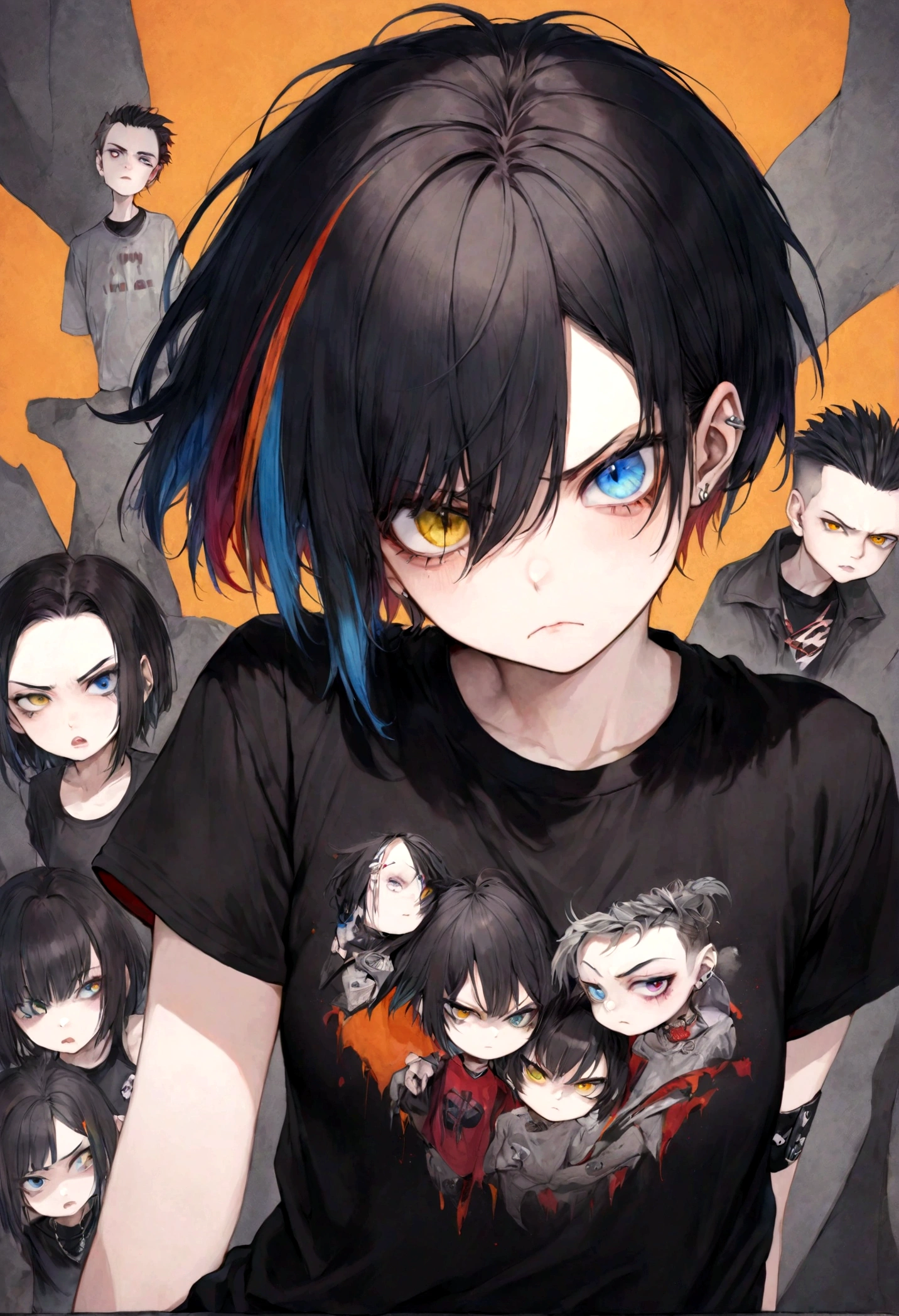 1 girl, , grumpy, short black hair with (colored hair streaks), heterochromia ,, tee shirt, tomboy, punk, accessories, vampire