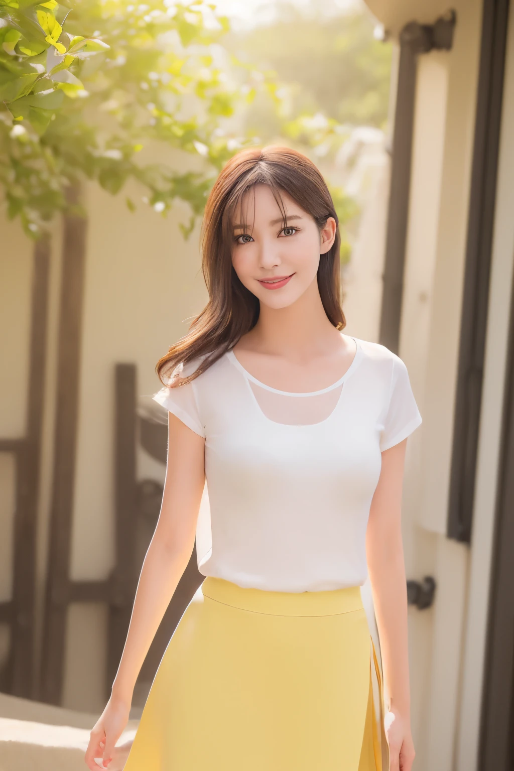 1woman, solo, close up, slender, ((white t-shirts and long elegant shallow yellow skirt)) ,((soft smiling)), (best quality,8k,highres,masterpiece:1.3), ultra-detailed, (realistic,photorealistic,photo-realistic:1.37), portrait, cinematic, warm lighting, medium format, golden hour, dramatic shadows, vibrant colors,(( at seaside area )), ((cute posing)),