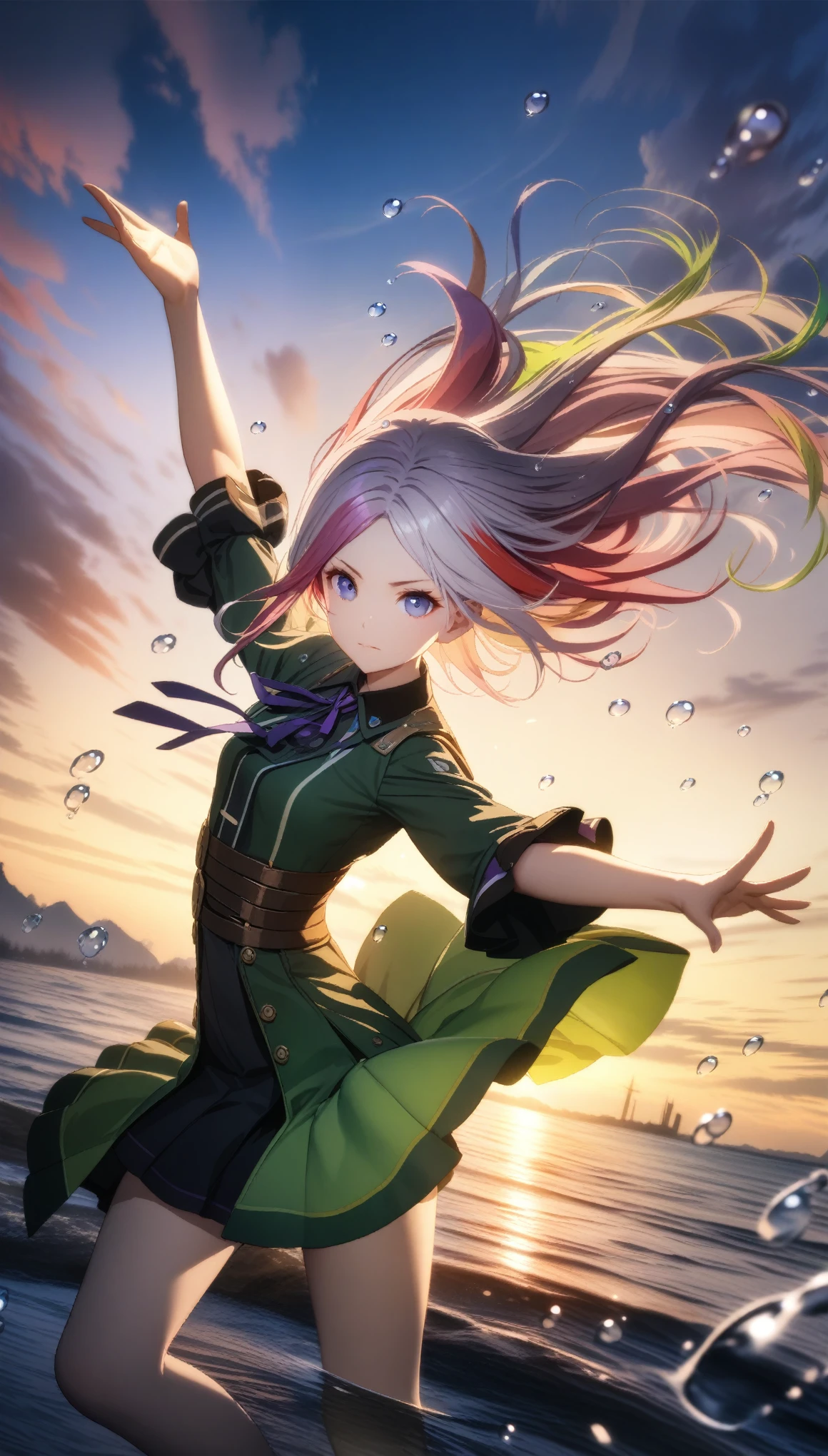 32k, best quality, ultra high res, HDR, UHD, extremely detailed CG, unity 32k wallpaper, (1 girl),(Dynamic pose),(multicoloRedhead+Silver Hair:1.3+Redhead:1.2+Purple Hair+Yellow Hair:1.3+Green Hair:1.3),(blue eyes),(Neck ribbon),(floating),(cloud),(Too many droplets of water),(Twilight),(watercolor),(Wide Shot), 