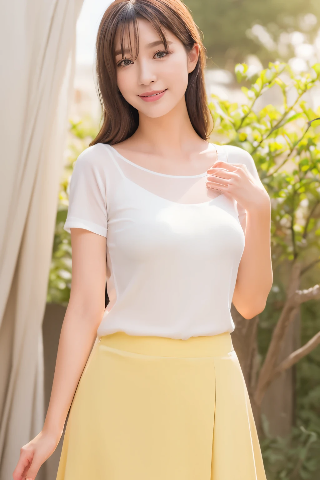 1woman, solo, close up, slender, ((white t-shirts and long elegant shallow yellow skirt)) ,((soft smiling)), (best quality,8k,highres,masterpiece:1.3), ultra-detailed, (realistic,photorealistic,photo-realistic:1.37), portrait, cinematic, warm lighting, medium format, golden hour, dramatic shadows, vibrant colors,(( at seaside area )), ((cute posing)),
