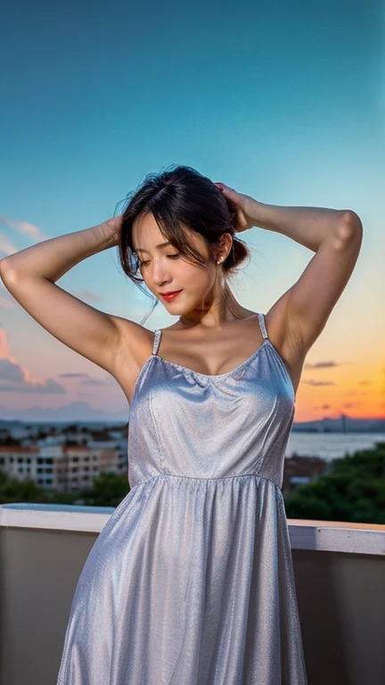 highest quality, Super detailed, (Ultra-high resolution,8K), (Perfect Anatomy, Anatomically correct), (Sensual Housewife), ((Place your hands behind your head., Elegant pose)), (Beautiful Eyes), (High-quality facial beauty), (In the Storm:1.2), (Photorealistic), (Detailed big breasts), Soft Skin, Glowing Skin, (Satin slip nightdress), Bright lighting, Very heavy rain, colorful, Goddess-like beauty, Friendly, (Sensual Housewife), Professional photography techniques