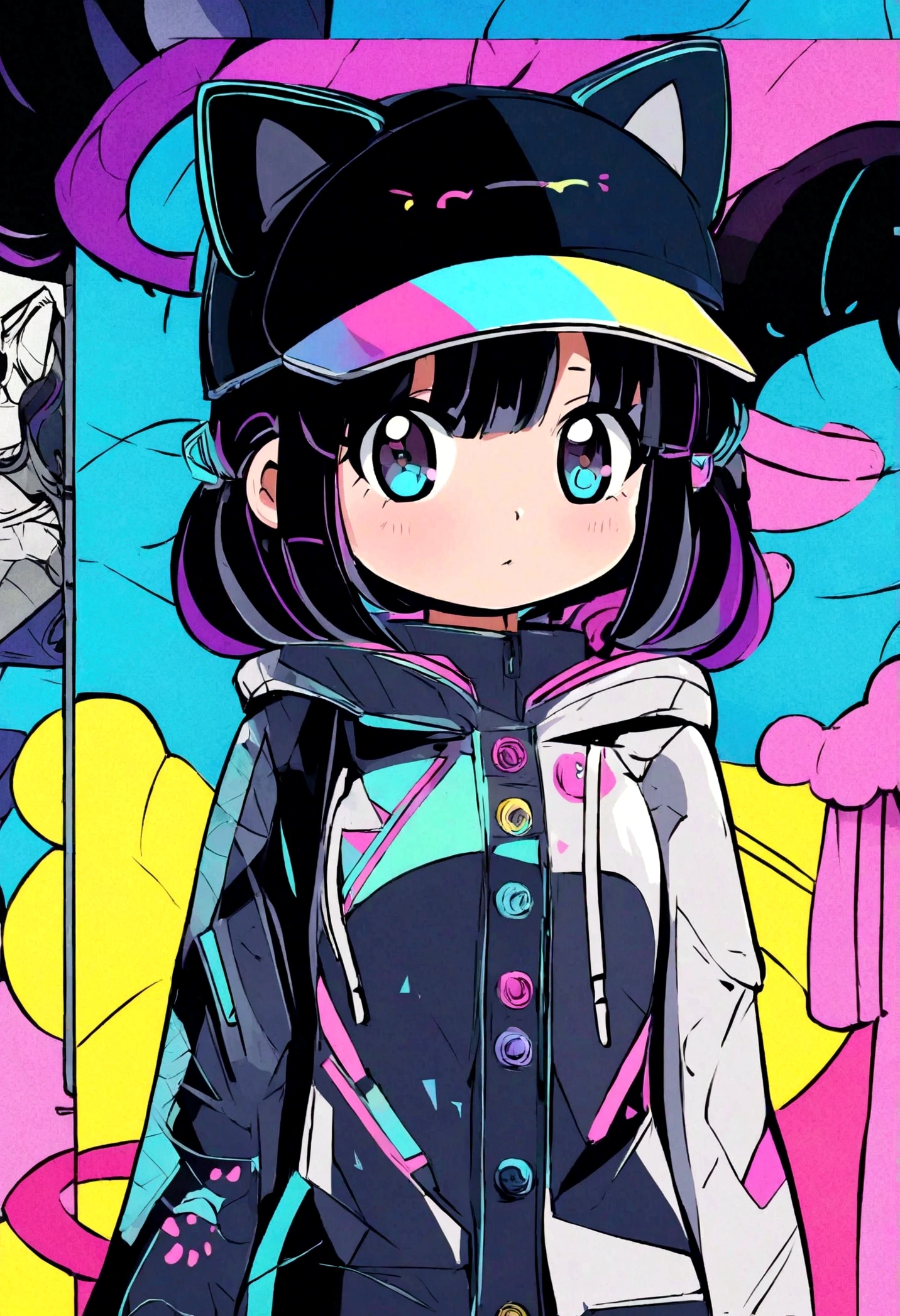 Anime girl with black hair and cat hat, Anime-style illustrations, Moe art style, Wallpaper 8K, Digital Illustration, Beautiful cat girl, She wears a hoodie with animal ears and techno-wear technology, futuristic fashion in black and Holographic colors, There are lots of details and buttons, Cable coming out of sleeve, The background features a simple pattern of cat motifs and paw prints., Purple and Black, Black Cat's Eyes, Holographic, Holo Details
