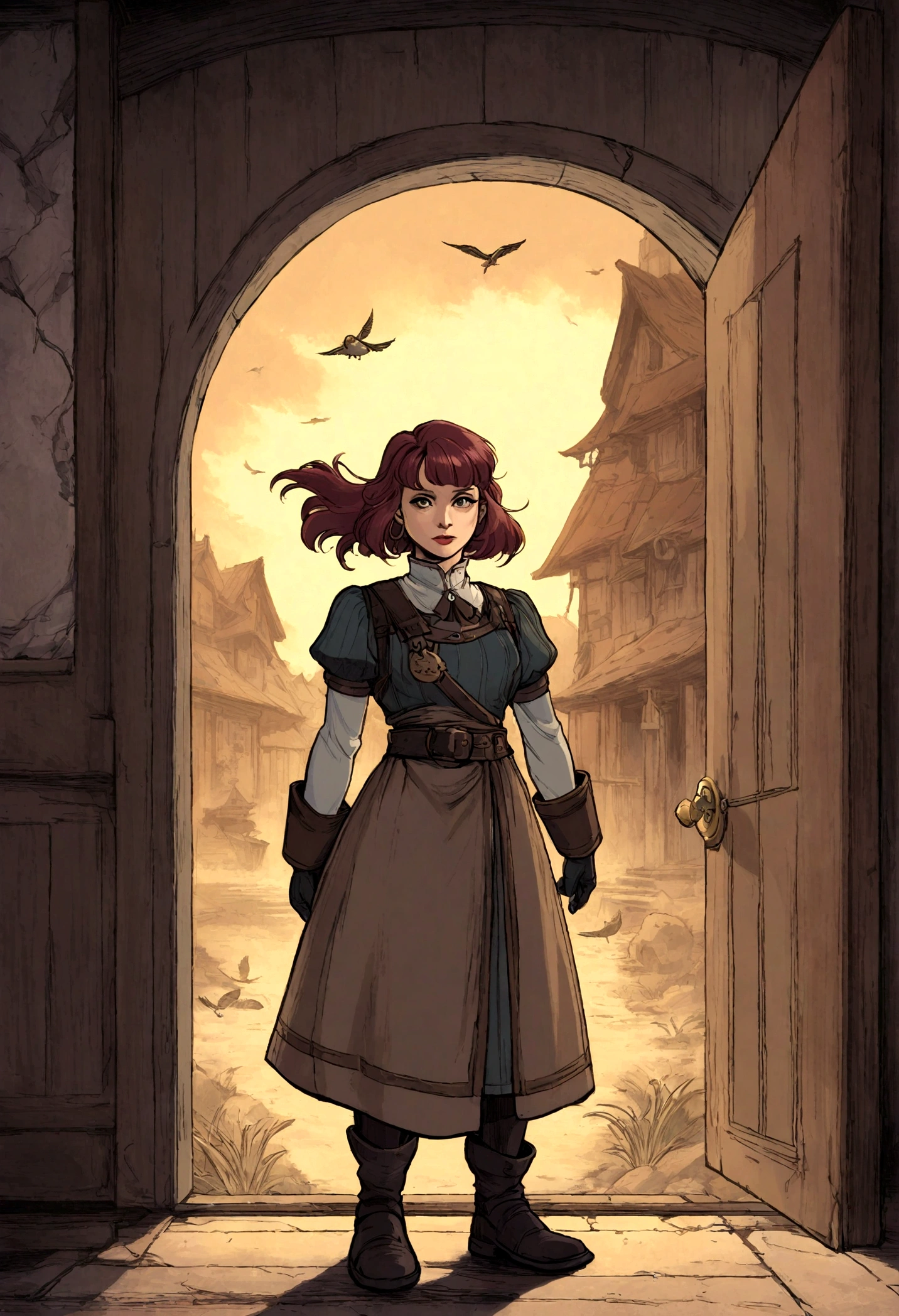 A picture of a person, standing in the doorway, and birds fly around., Ghibli Tom Bagshaw, tom bagshaw style, Artstyle: Tom Bagshaw, Tom Bagshaw Weta Studio, tom bagshaw style, Tom Bagshaw Донато Джанкола, Cover of the novel for the book, tom bagshaw artstyle, based on Jakub Schikaneder, inspired by Brian Despain