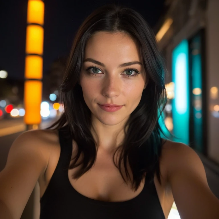 (Selfie, Draufsicht: 1.4), (straight body half: 1.4), RAW UHD portrait photo of a 28-year-old with brown hair (green-eyed woman) in Sportbekleidung Big boobs,, Stadt bei Nacht, (Felsen), (Ausschnitt), Einzelheiten (Gewebe! , Haar! , Glitzer, Farbe!! , Benachteiligungen: 1.1), Shiny eyes with a high level of detail (Blick in die Kamera), SLR-Beleuchtung, Spiegelreflexkamera, Ultra quality, Sharpness, depth of field, Filmkorn (Mitte), Fujifilm XT kristallklar, Rahmenmitte, pretty face, Scharfer Fokus, Strassenlicht, Neonbeleuchtung, bokeh (schwach beleuchtet), Nacht, (Nachthimmel), Detaillierte Hautporen, oily skin, Sonnenbrand, Komplexe AugenEinzelheiten, hole body, Big boobs, leichte Sommersprossen auf der Nase, Sehr detailliertes Gesicht
