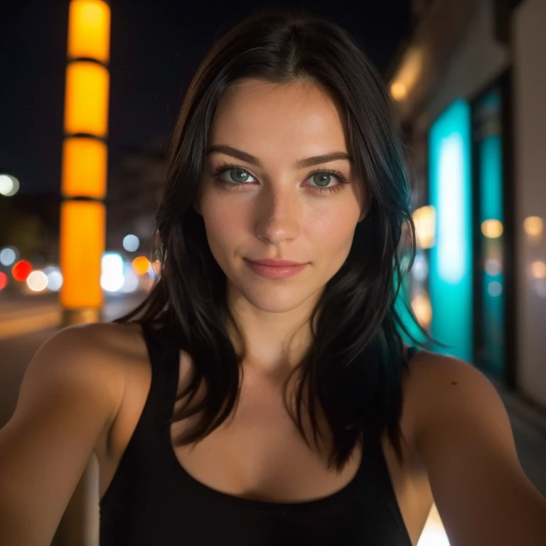 (Selfie, Draufsicht: 1.4), (straight body half: 1.4), RAW UHD portrait photo of a 28-year-old with brown hair (green-eyed woman) in Sportbekleidung Big boobs,, Stadt bei Nacht, (Felsen), (Ausschnitt), Einzelheiten (Gewebe! , Haar! , Glitzer, Farbe!! , Benachteiligungen: 1.1), Shiny eyes with a high level of detail (Blick in die Kamera), SLR-Beleuchtung, Spiegelreflexkamera, Ultra quality, Sharpness, depth of field, Filmkorn (Mitte), Fujifilm XT kristallklar, Rahmenmitte, pretty face, Scharfer Fokus, Strassenlicht, Neonbeleuchtung, bokeh (schwach beleuchtet), Nacht, (Nachthimmel), Detaillierte Hautporen, oily skin, Sonnenbrand, Komplexe AugenEinzelheiten, hole body, Big boobs, leichte Sommersprossen auf der Nase, Sehr detailliertes Gesicht