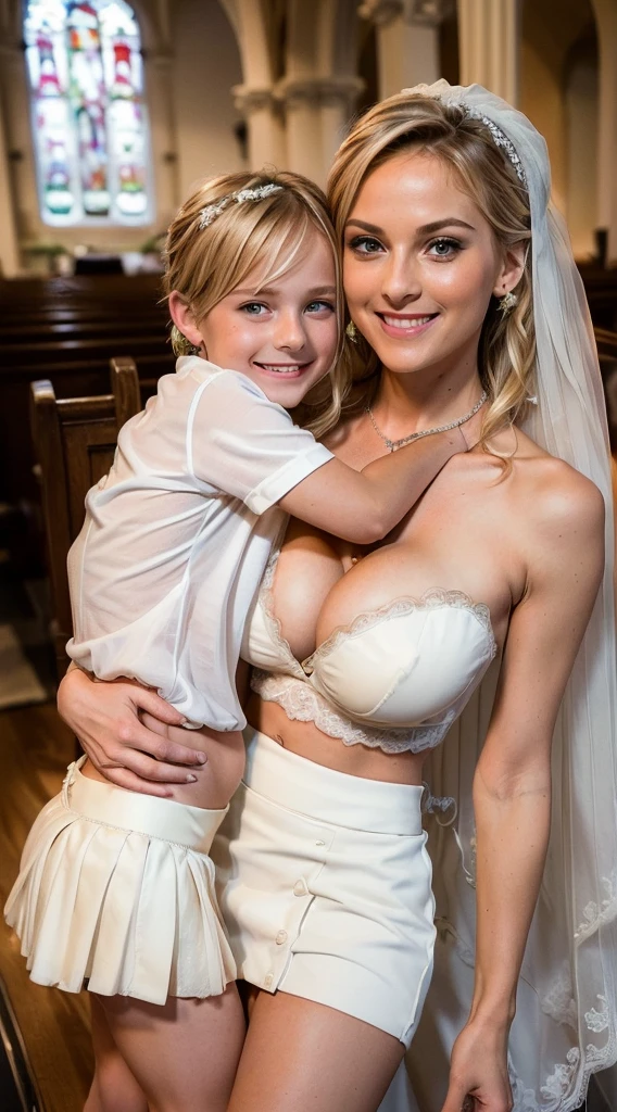 ((A  son who sexually attracted to his mother themed:1.5)), (she is one ultra sexual 32 year old sexy angelic supermodel mother bride embracing her young sons:1.5), ((naked exposed breasts:1.5)), high quality fingers, normal hands, detailed fingers, masterpiece, (realistic, photo-realistic:1.37), (full body:1.5), (masterpiece), best quality, ultra beautiful woman, slender legs, large FF cupped breasts, ultra deep cleavage:1.5, thin waist, blonde hair, bright blue eyes, cute round ass, with a fun quirky smile, (sexy bridal miniskirt:1.5), unbuttoned blouse, (cleavage in V:1.3), outdoor family wedding setting , view from side