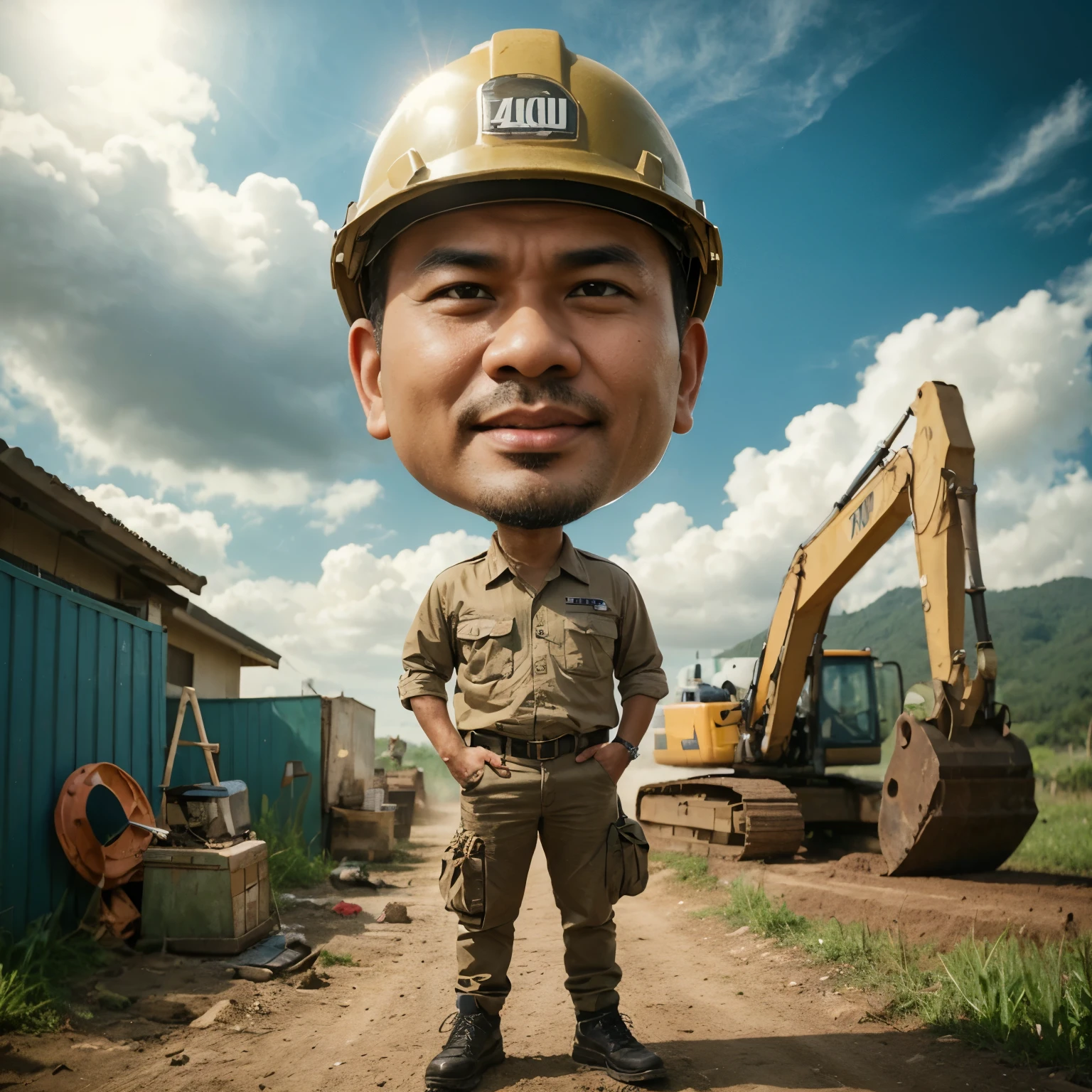 A realistic caricature with a big head effect, very realistic. An enthusiastic, a handsome Indonesian man with a slightly bald head,40 years old,oval face, standing while wearing a project helmet, dressed in khaki drill and black shoes, with an excavator in the background. The scene is set in the bright morning with clouds in the sky, in a photo, cinematic, full body, typography style.