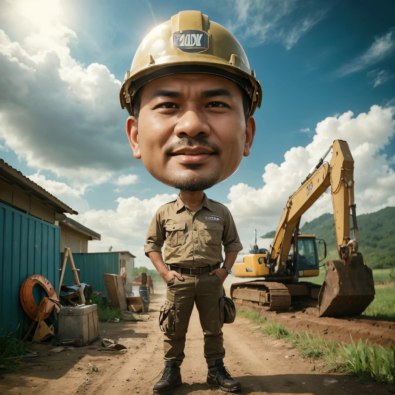 A realistic caricature with a big head effect, very realistic. An enthusiastic, a handsome Indonesian man with a slightly bald head,40 years old,oval face, standing while wearing a project helmet, dressed in khaki drill and black shoes, with an excavator in the background. The scene is set in the bright morning with clouds in the sky, in a photo, cinematic, full body, typography style.