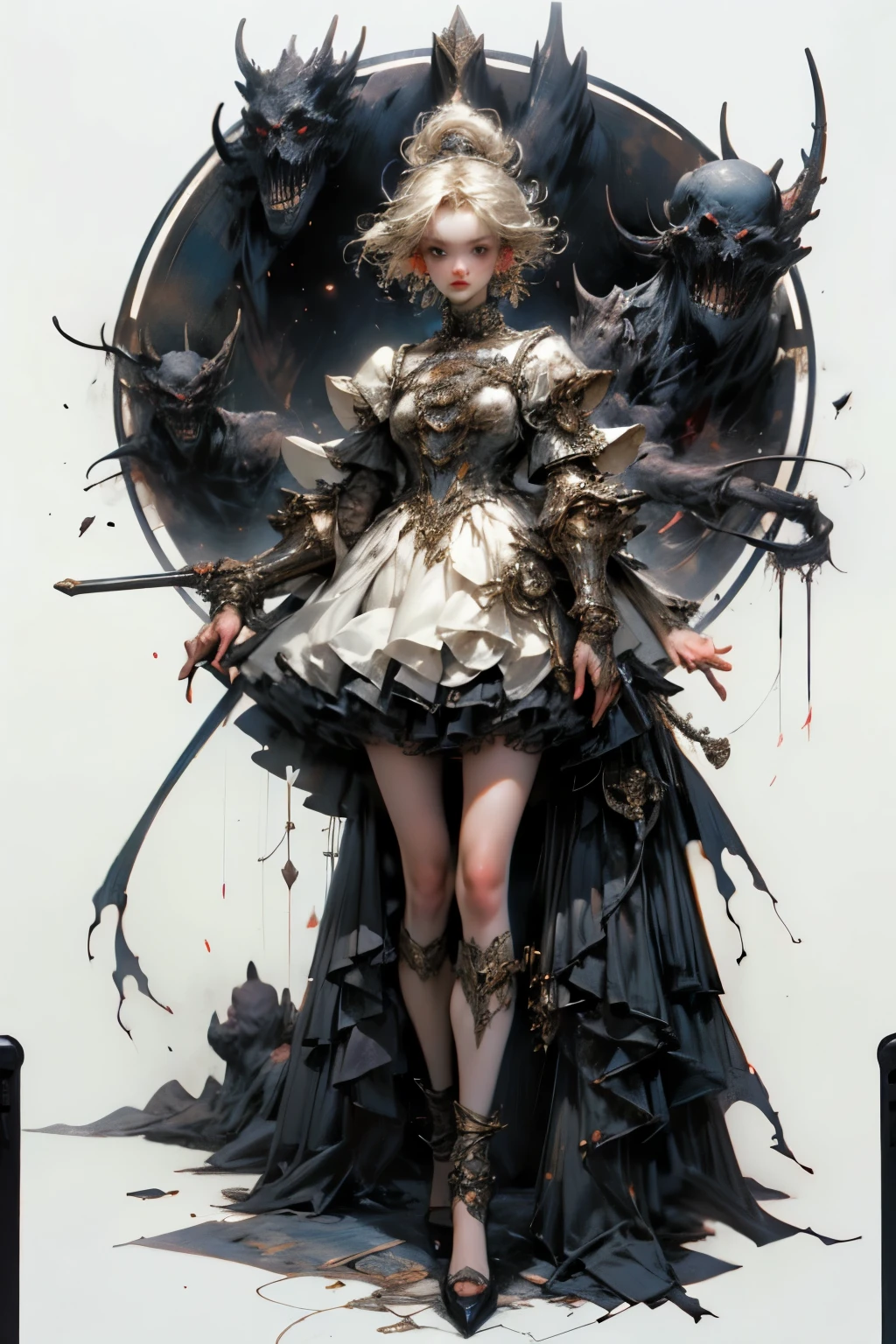 ((best quality)), ((masterpiece)), (detailed), perfect face ((best quality)), ((masterpiece)), (detailed), blank white background, plain background, white background, Bloodborne inspired,  occult aesthetic, occult, detailed and intricate steampunk and detailed gothic, (zentangle, mandala, tangle, entangle),  NSFW, torn clothing, Very dramatic and cinematic lighting, cosmic horror, grim-dark, side-lighting, perfect face, a beautiful goddess adorned and enshrined in armour, Bloodborne inspired , occult aesthetic , occult , detailed and intricate steampunk and detailed gothic , wielding a sword and holding a shield, NSFW, Fluttering lace flared short dress with frilly petticoats, knee length dress, pleated petticoats, lolita dress, petticoats gothic lolita, side-lighting, gothic lolita aesthetic, beautiful small breasts, small breasts, full body, whole body, body, plain background, white background, blank background, no background, white background NSFW, full body, whole body, head-to-toe