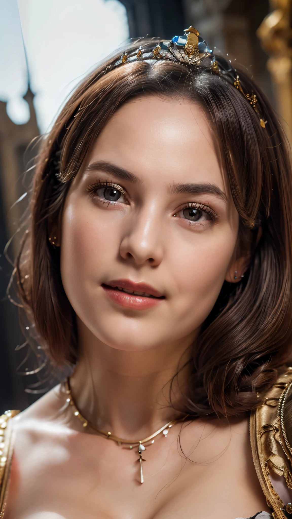 ((20 years old girl)), (wearing luxurious medieval outfit, crown, jewelry: 1.4), ((in a medieval palace)), (night time), (((gigantic size breasts, cleavage))), (hourglass figure), lipstick, photorealistic, masterpiece, realistic, realism, photorealism, high contrast, photorealistic, 8k HD high definition detailed realistic, detailed, skin texture, hyper detailed, realistic skin texture, best quality, (photorealistic:1.4), high resolution, detailed, raw photo, photo realistic, (high detailed skin:1.2), 8k uhd, dslr, soft lighting, high quality, film grain, Fujifilm XT3), hyper realistic lifelike texture dramatic lighting unreal engine, even, neutral light, key light, bold, bright colours, daylight, (balanced saturation), (dynamic lighting), (natural lighting), ((soft red lipstick)), (natural makeup), ((ginger hair)), ((glossy skin)), (colorful lighting), (soft smile : 1.7), (feminine pose : 1.5), ((low angle photoshoot : 1.7)), (look at camera : 1.4)