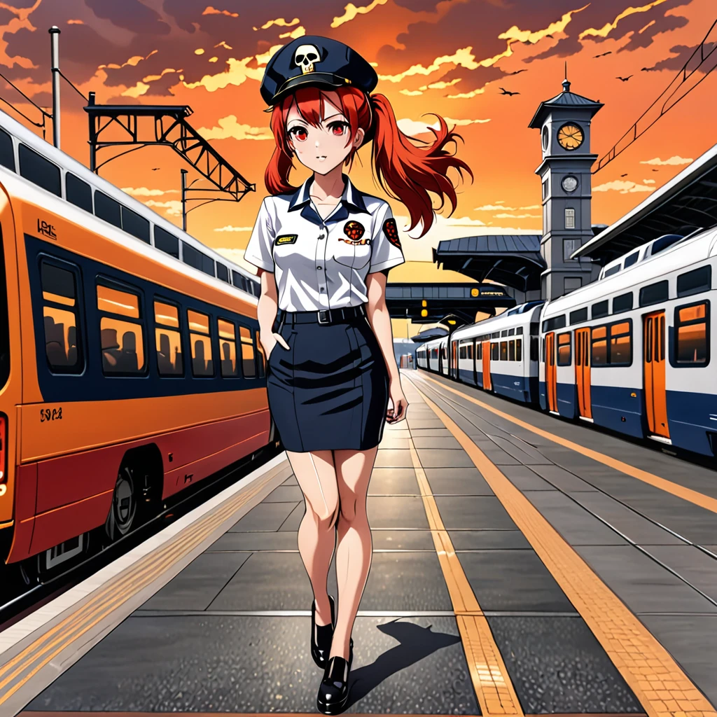 1girl, solo, red hair, red eyes, twintails, employee uniform, pencil skirt, skull print, navy cap, orange sky,, outdoors, train station, standing in front of bus,, 