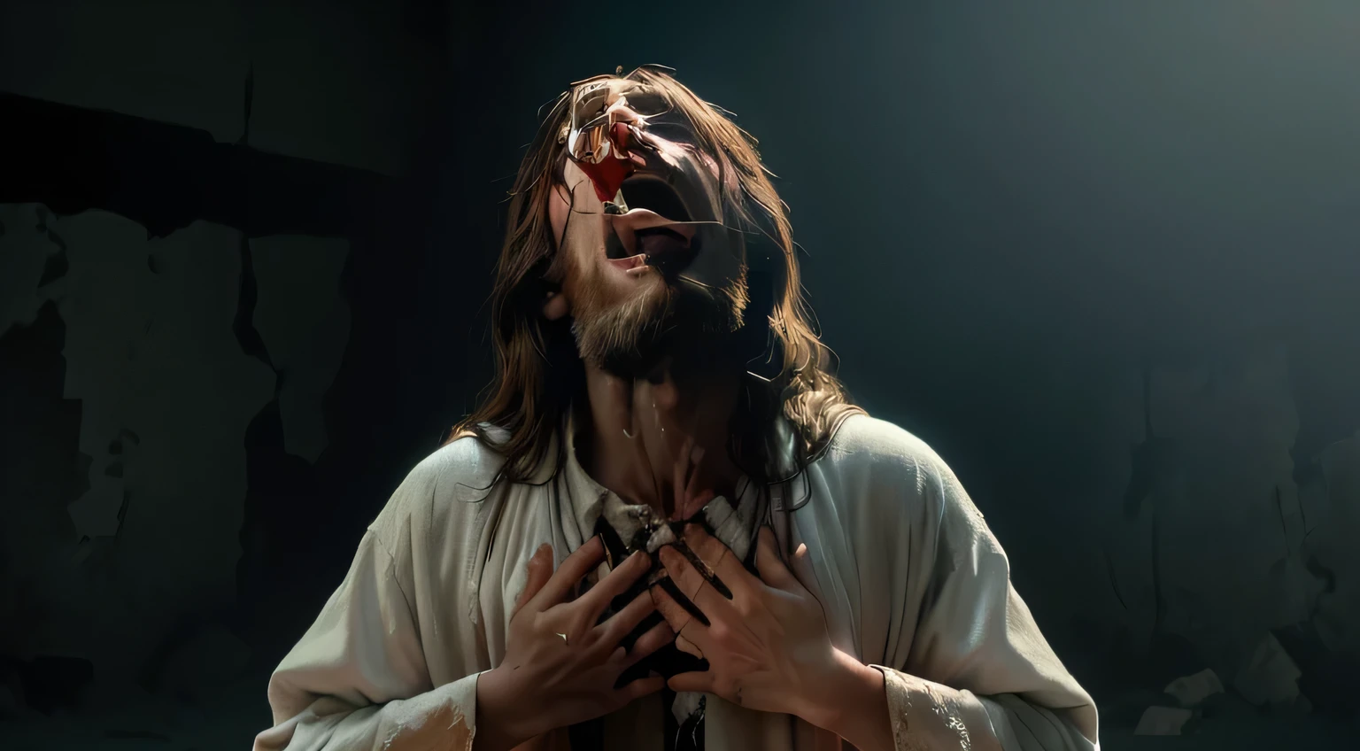 Jesus Christ returning, he is choking, with his hands on his neck, he vomits, showing that he is choking, something strange comes out of his mouth, realistic image, 16:9 photo quality, 4k