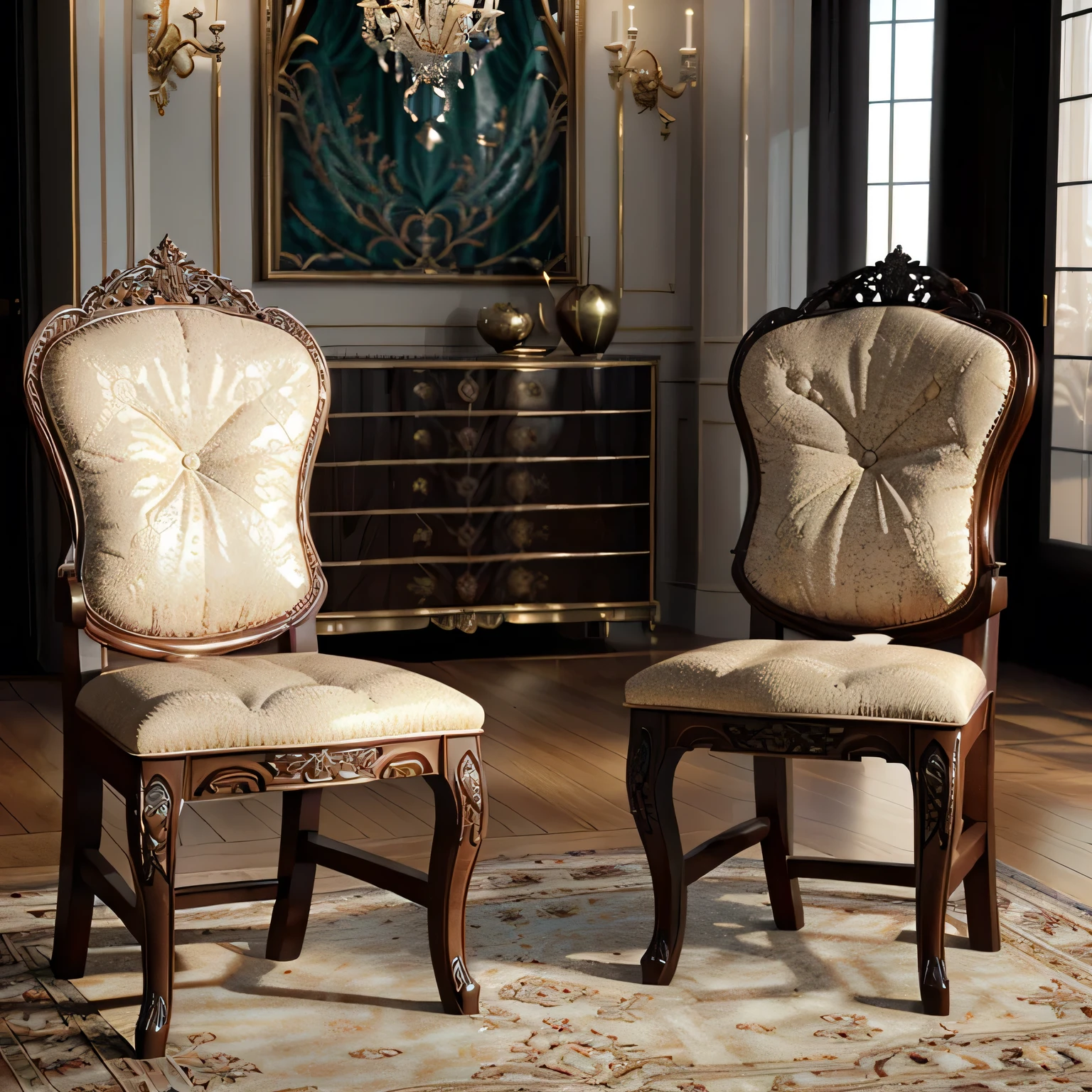 there are two chairs that are sitting on a rug in a room, elegant furniture, elegant render, wood carved chair, luxury furniture, chairs, detailed rendering, highly detailed render, detailed zoom photo, rendering, with photorealistic lighting, hyper - realistic render, hyper-realistic render, features intricate detail, elegant regal posture, in majestic, ornate furniture, exquisite rendering
