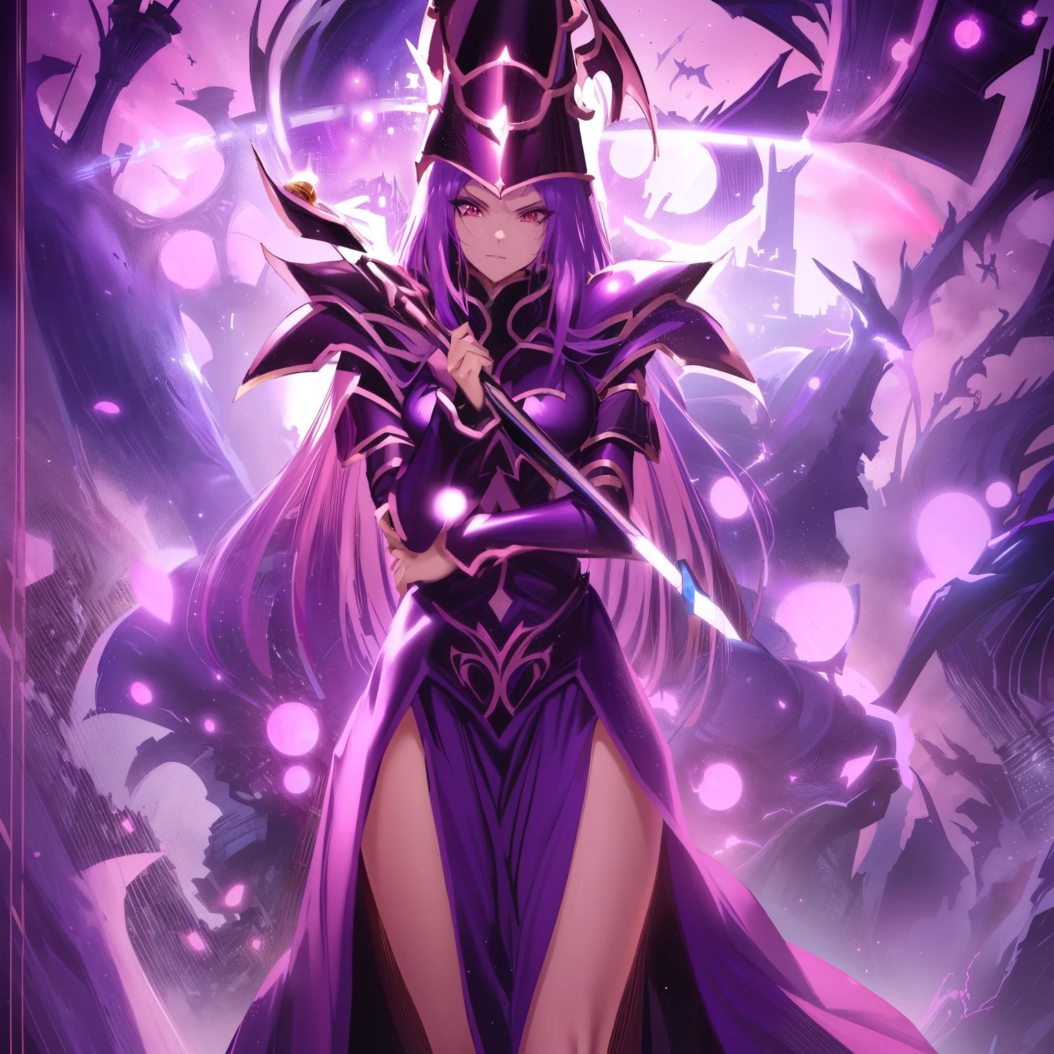 Anime character wearing a purple dress and black cape, hechicera oscura full view, princesa elfa oscura, personaje de bruja oscura, hechicera oscura, caballeros de la chica del zodiaco, Princesa de la oscuridad, hechicera malvada, hechicera oscura fullbody pose, a beautiful fantasy empress, bruja hechicera supervillana, /!\ la hechicera