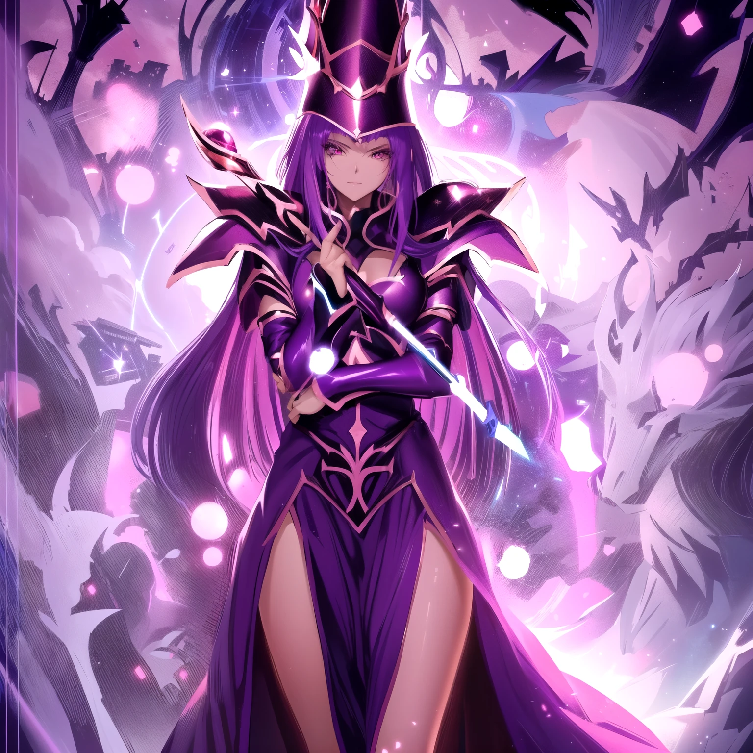 Anime character wearing a purple dress and black cape, hechicera oscura full view, princesa elfa oscura, personaje de bruja oscura, hechicera oscura, caballeros de la chica del zodiaco, Princesa de la oscuridad, hechicera malvada, hechicera oscura fullbody pose, a beautiful fantasy empress, bruja hechicera supervillana, /!\ la hechicera