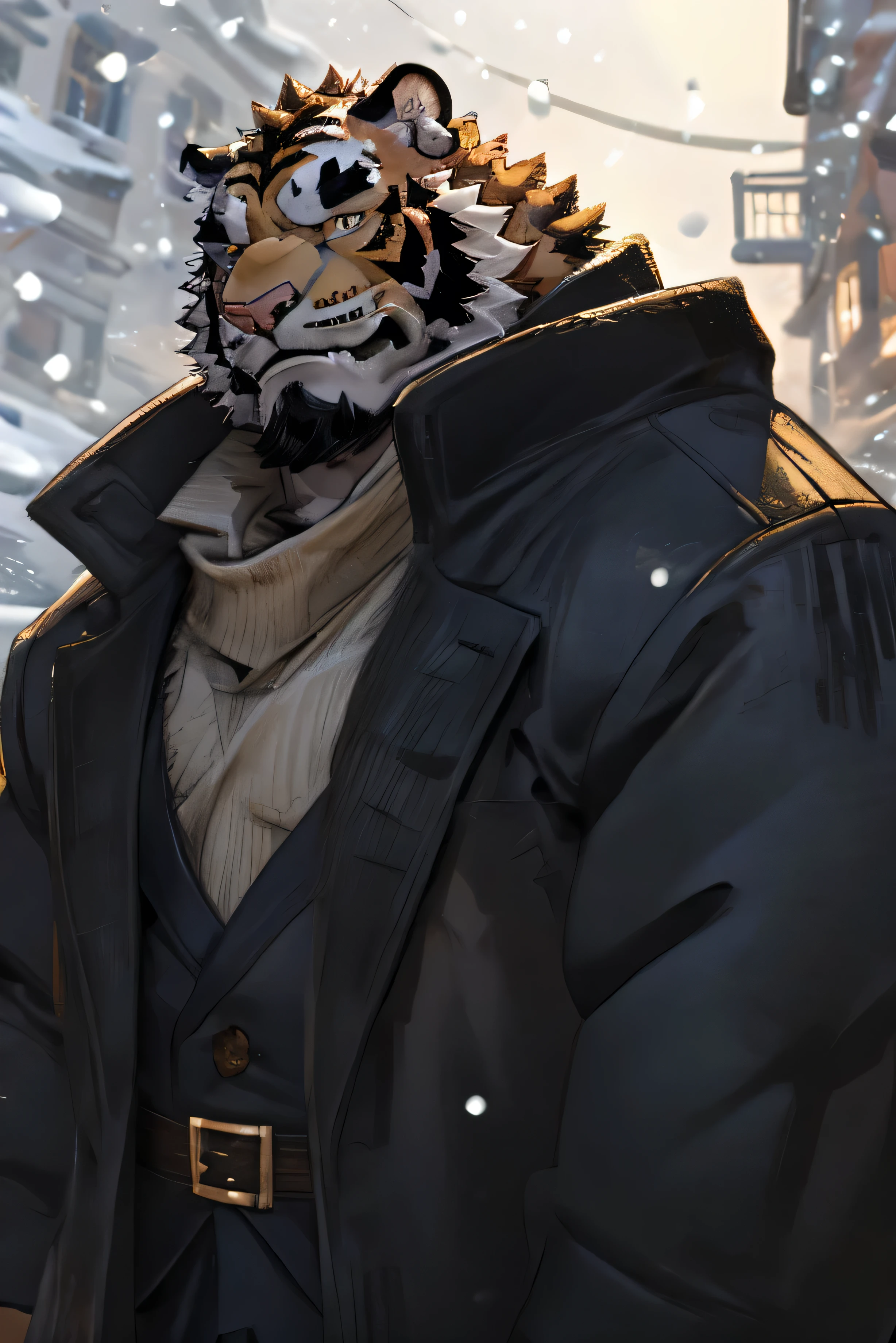 Black army coat，Male yellow tiger orc、Sideways to the camera，Snowing day，one person