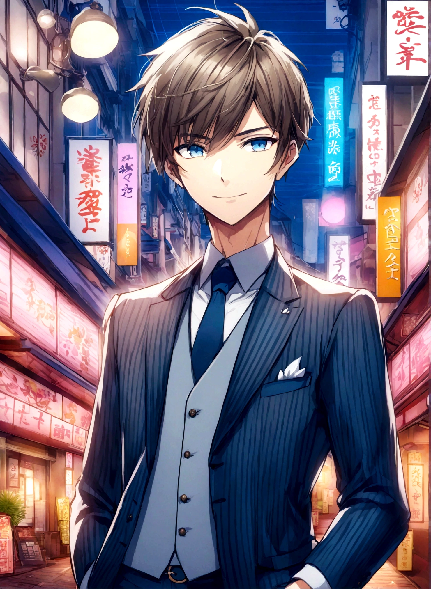 Japanese man、Kabukicho streetscape、Host club guy、He's wearing a suit and has blonde hair.、Handsome style