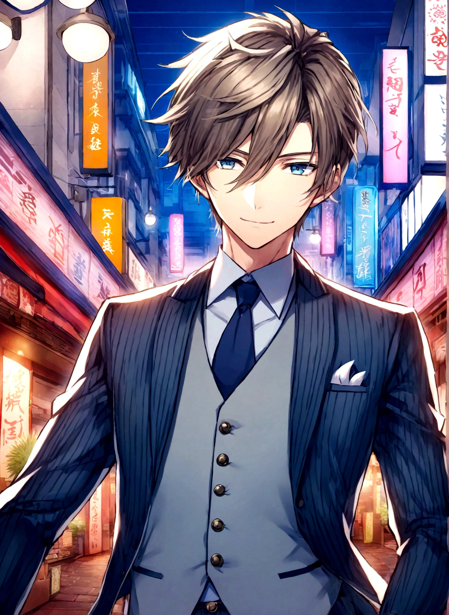 Japanese man、Kabukicho streetscape、Host club guy、He's wearing a suit and has blonde hair.、Handsome style