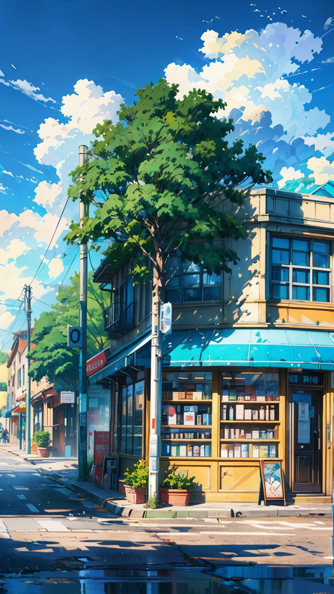 a painting of a city street with buildings and trees, makoto shinkai. high detail, anime. by makoto shinkai, by Makoto Shinkai, by makoto shinkai, style of makoto shinkai, rio de janeiro in an anime film, anime movie background, makoto shinkai art style, ( ( makoto shinkai ) ), HD, UHD, HDR, 32 K