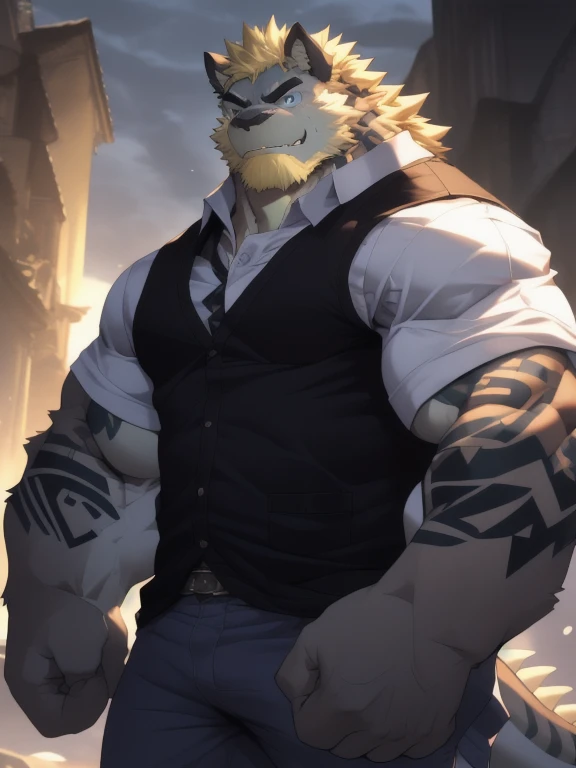 anthropology, Solitary, dragon, clothing, male, Tops, muscular, muscular anthropology, Jacket, shirt, Fingerless gloves, blue eyes, muscular male, Black body, looking at the audience, Empty, Bottoms, Tattoo, White vest, Blonde Hair, Detailed background, Reality, Realistic hands, 8k HD, Extreme details, (Dark Shadows, Wide dynamic range, HDR, Low light:1.2), author:kusunagi,author:Takemoto Arashi,author:null-ghost