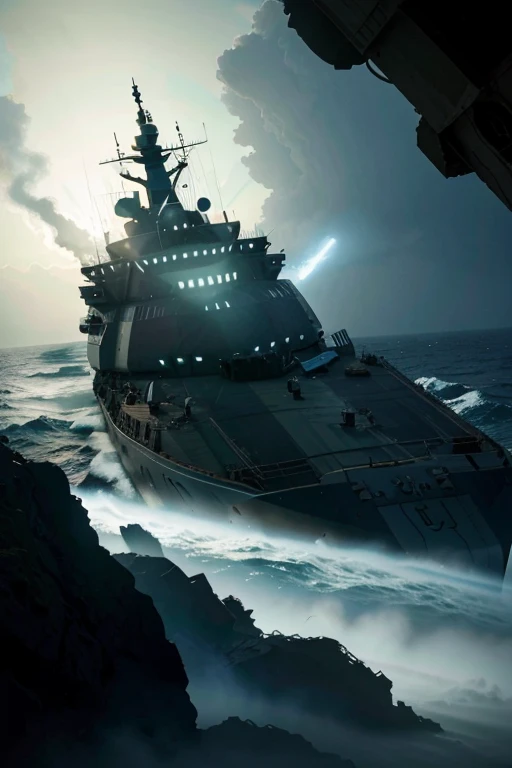 Dynamic scene of the USS Eldridge disappearing in a flash of green and blue light, with the ship's outlines crumbling into thin air. The visual effect should convey the feeling of something extraordinary and unearthly happening