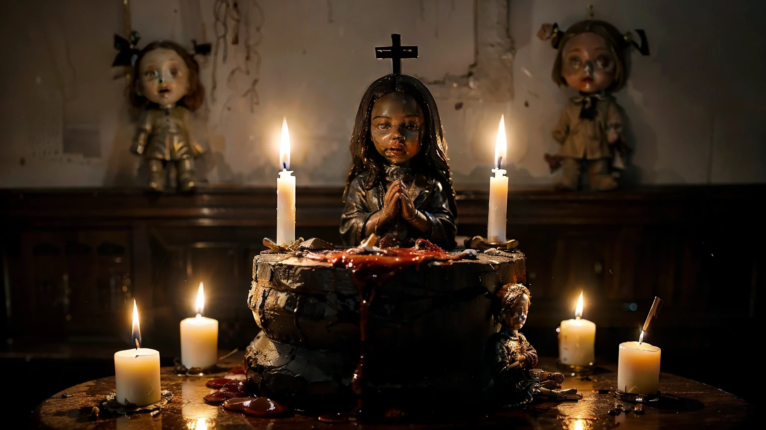 A Catholic altar with several candles and statues of saints with scary little creepy dolls filled with red liquid on top.