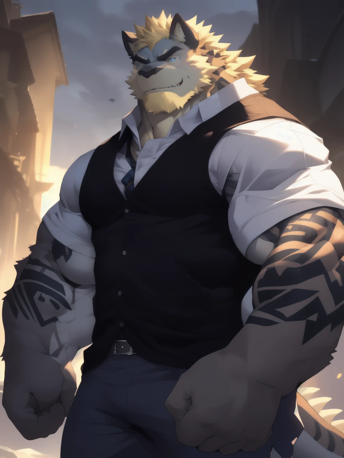 anthropology, Solitary， dragon, clothing, male, Tops, muscular, muscular anthropology, Jacket, shirt, Fingerless gloves, blue eyes, muscular male, Black body, looking at the audience, Empty, Bottoms, Tattoo, White vest, Blonde Hair, Detailed background, Reality, Realistic hands, 8k HD, Extreme details, (Dark Shadows, Wide dynamic range, HDR, Low light:1.2), author：kusunagi，author：Takemoto Arashi,author：null-ghost 