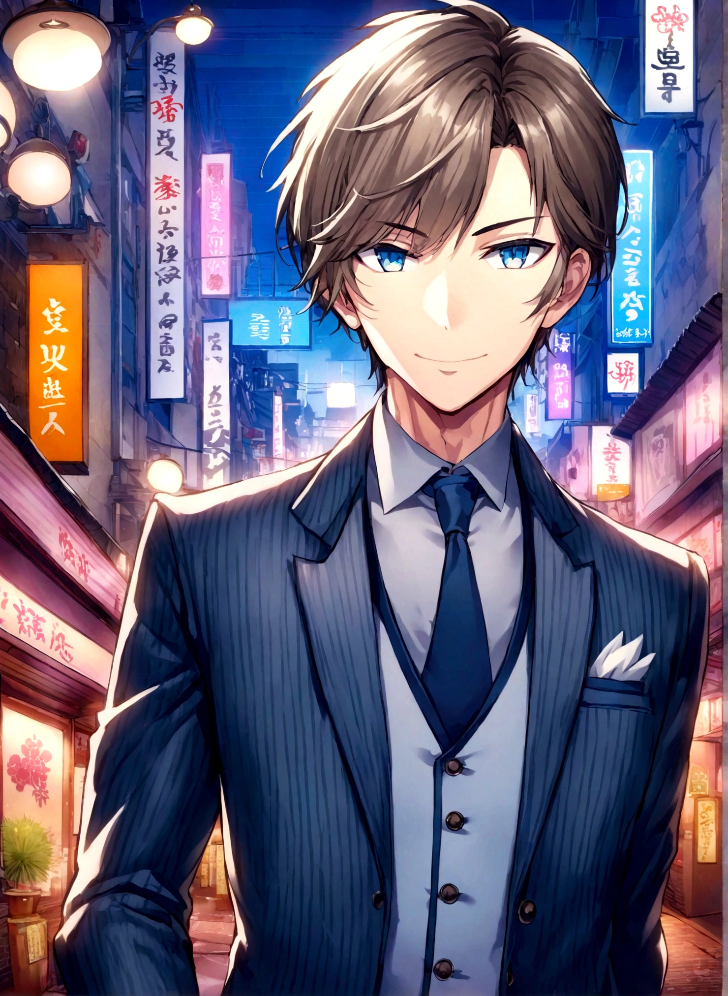 Japanese man、Kabukicho streetscape、Host club guy、He's wearing a suit and has blonde hair.、Handsome style、190x260pixel