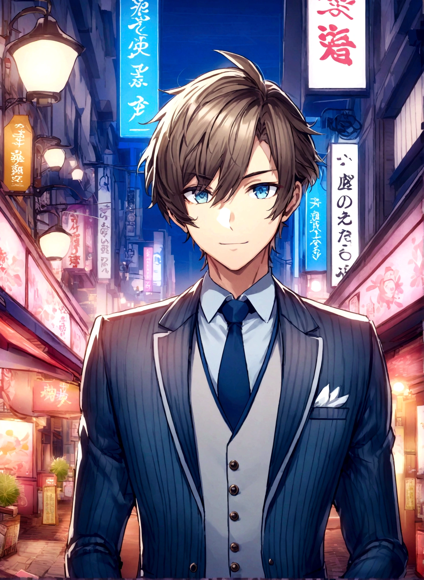 Japanese man、Kabukicho streetscape、Host club guy、He's wearing a suit and has blonde hair.、Handsome style、190x260pixel