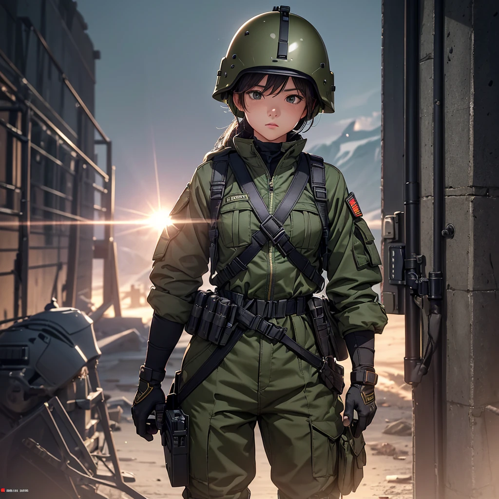 A female soldier wearing a helmet stands at attention、Two black rubber shoulder straps crisscross、Dark green M51 jacket、Body facing forward、Magazine Pouch、military trousers、Knee pads、Tactical gloves、Show only the upper thigh area、Write details、masterpiece、best quality、Highly detailed CG、8K picture quality、theater lighting、lens flare