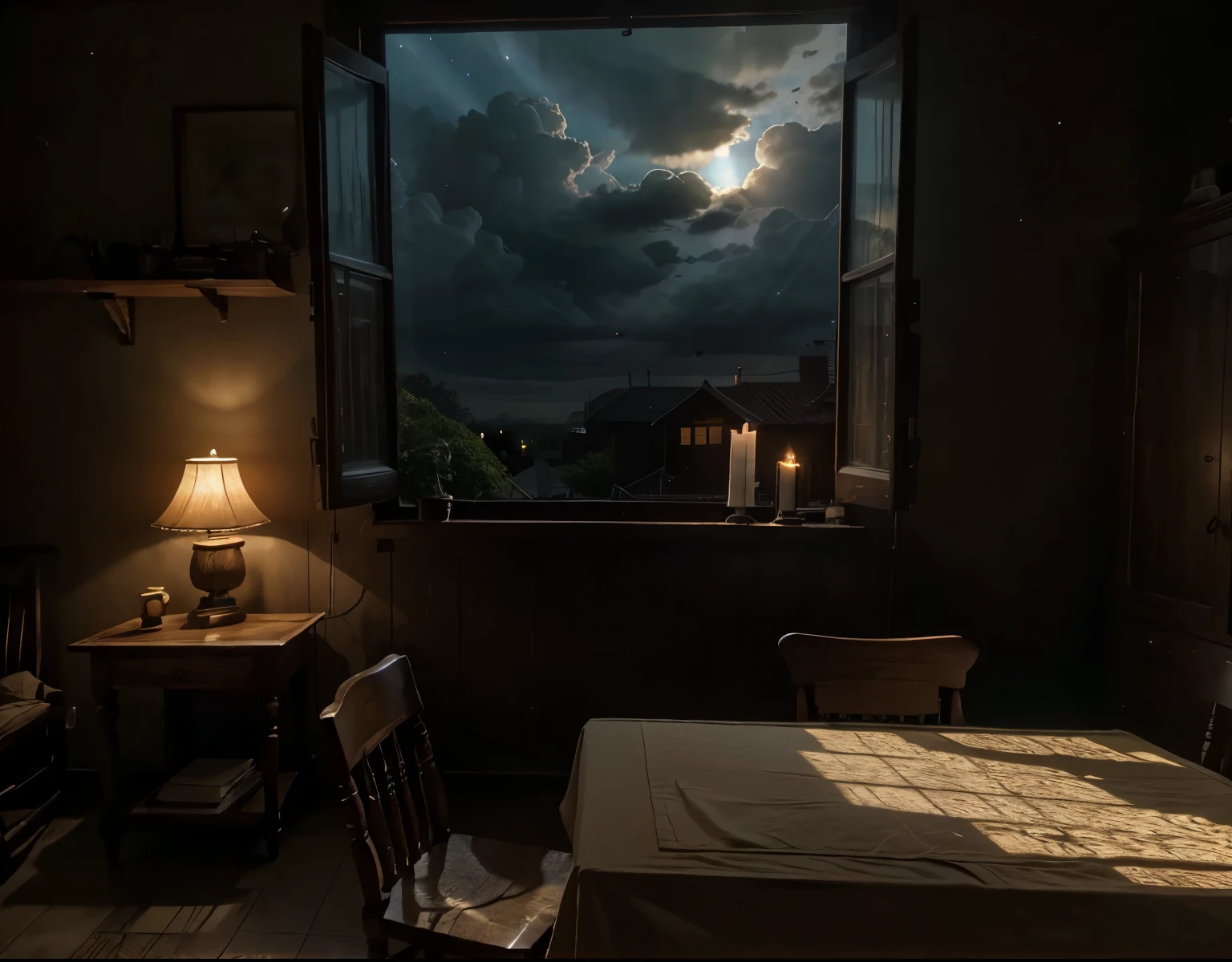 Personal view of an old room with a wooden rocking chair, candlelight beautiful room with wooden floors, window overlooking a night sky, starry sky, amazing wallpaper, inviting atmosphere, beautiful furniture, hyper realistic photo of a room , old house, by Raymond Han, dark night, papers on the table, table beautifully lit by some candles, beautiful and aesthetic, photography, cinematic, 8k, highly detailed ((sun with clouds)))