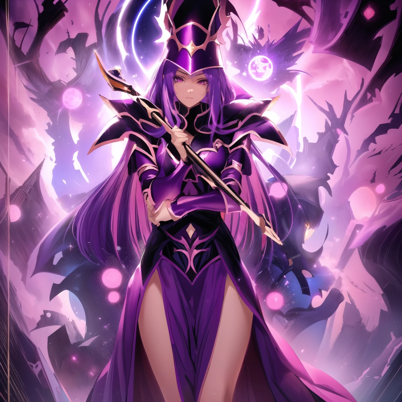Anime character wearing a purple dress and black cape, hechicera oscura full view, princesa elfa oscura, personaje de bruja oscura, hechicera oscura, caballeros de la chica del zodiaco, Princesa de la oscuridad, hechicera malvada, hechicera oscura fullbody pose, a beautiful fantasy empress, bruja hechicera supervillana, /!\ la hechicera