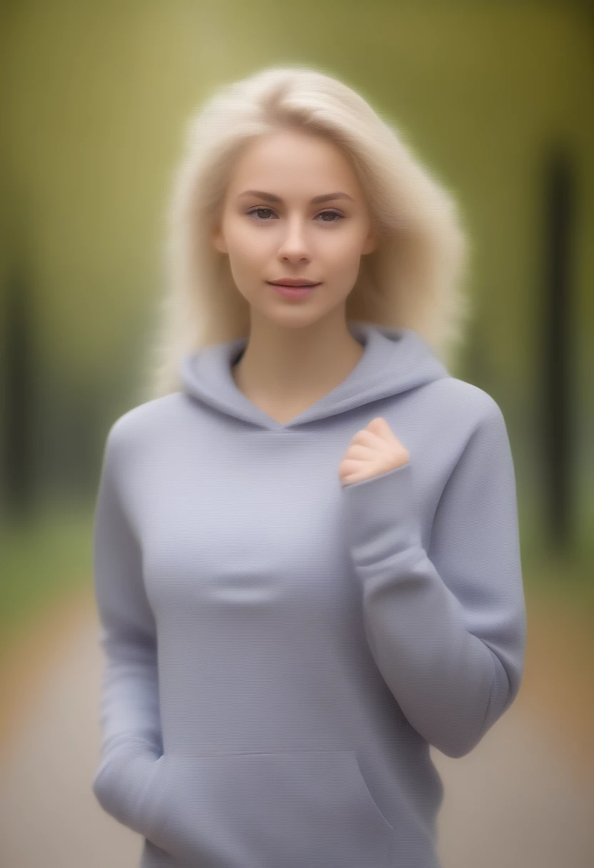 une jeune femme blonde, belle, cheveux aux vents, en jogging et sweat a capuche, cours, dans le parc, sur le chemin