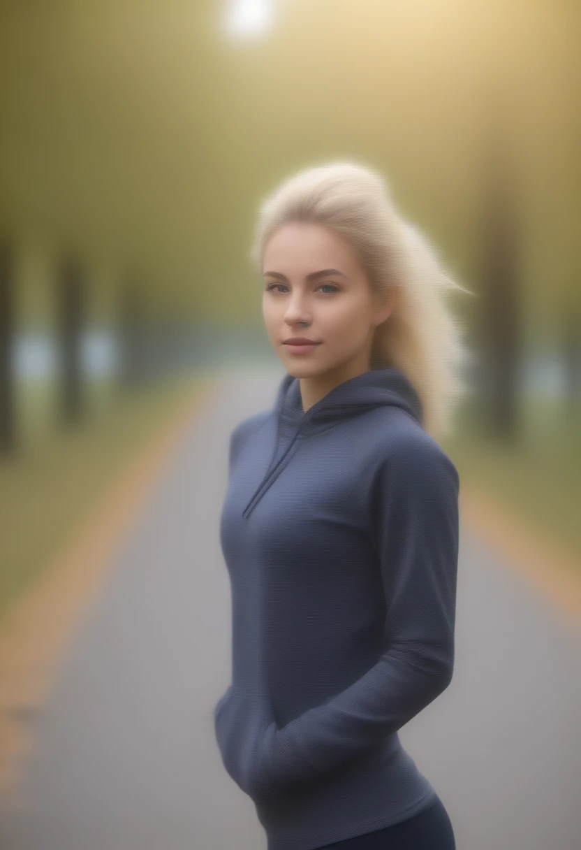 une jeune femme blonde, belle, cheveux aux vents, en jogging et sweat a capuche, cours, dans le parc, sur le chemin