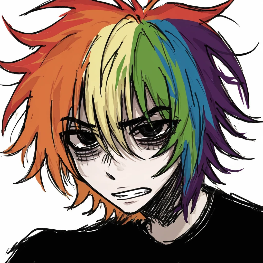 1boy, grunge, sketchy lines, messy hair, rainbow hair, black eyes shirt