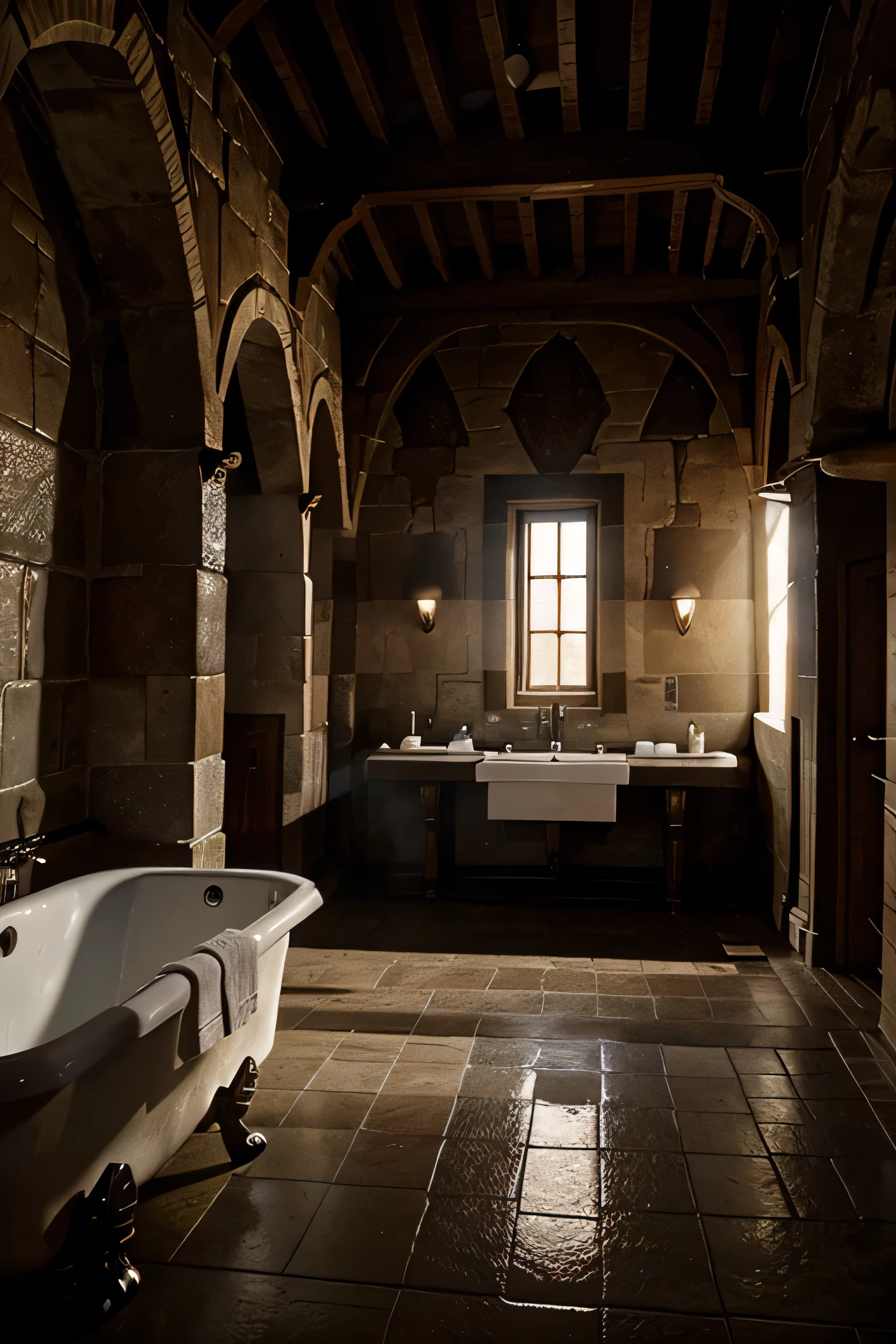 Interior environment of a medieval castle, bathing room style, environment with cinematic lighting, rich in details, large-scale environment