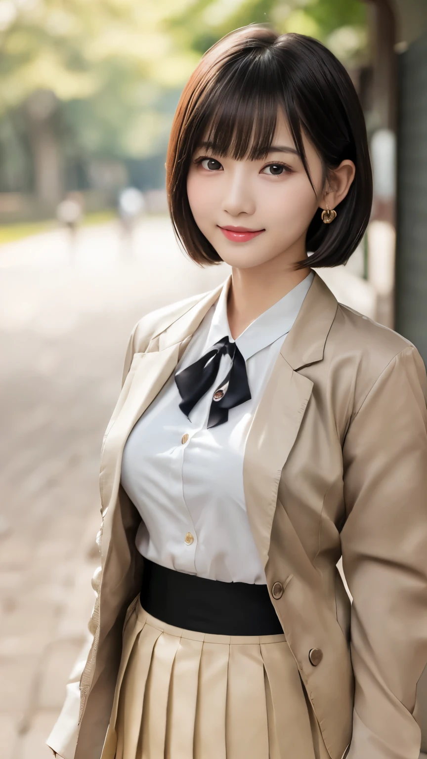 Masterpiece, Best-quality, RAW-photo, Ultra-High-Resolution, Photorealistic,
(Anatomically correct, 16-years-old, Realistic Japanese girl, photographer's lover, She truly loves photographer, baby face, cute face, short height, thin waist, big breasts, Slender legs, Large breast, Realistic skin),
((High , blouse, ribbon, blazer, pleated skirt:1.3)),
(maiko, Round face, Black hair, Black eyes, Moist eyes, Shining eyes, Short bob cut, Bangs, Down-slating eyebrows, one little earring, Light blush),
(See photographer, look at viewer, standing),
(Elegant goddess smile, seduce men),
(huge park),
Natural lighting, full length