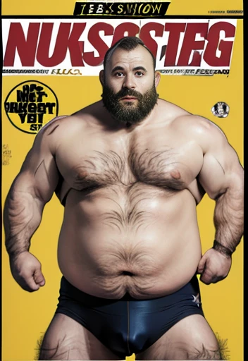 Only plump, chubby, extremely thick thighs, large belly, fat, age 50 years, muito barbudo, absurderes, hight resolution, 1male people, full body visible (wrestling Magazine covers:1.2), Yaoi(bara) , ), letras com textos escritos na lateral esquerda baixo. Uma frase em baixo da imagem, texto cima direita , texto direita no meio da imagem.