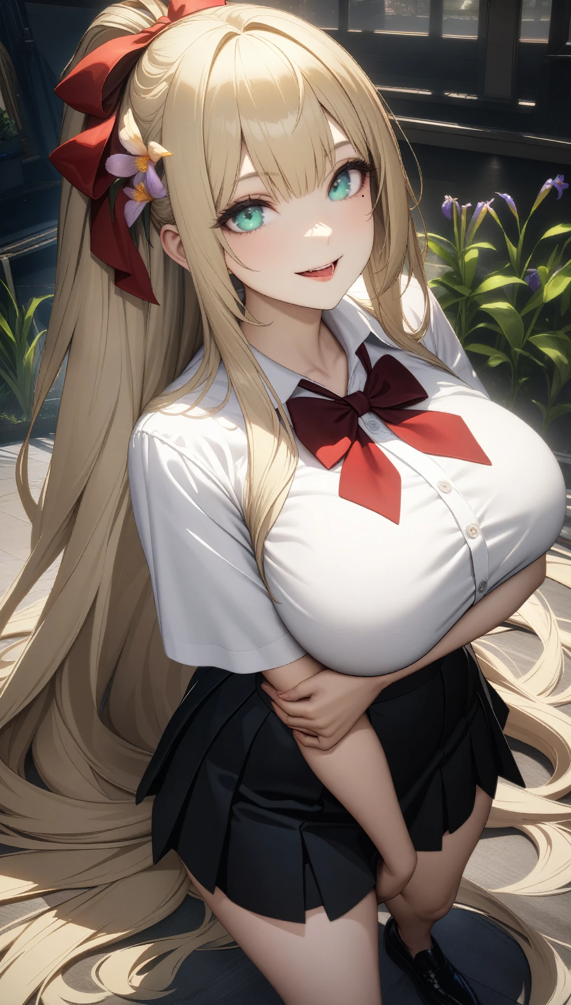 32k, best quality, ultra high res, HDR, UHD, extremely detailed CG, unity 32k wallpaper, work, highest quality, girl, long hair alternative, absurdly long hair, blonde hair, bow hair, Aqua Eye, Captivating smile, tongue, Iris, Long eyelashes, Big Breasts, Mole on chest, White shirt, Black short skirt, shoes, meanwhile, hair ribbon, flower ribbon, hair_ribbon, hair_ribbon, hair_flower,
