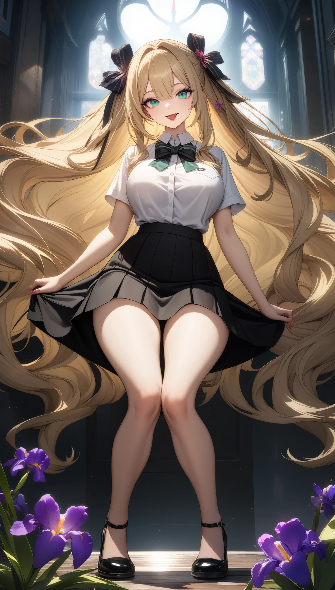 32k, best quality, ultra high res, HDR, UHD, extremely detailed CG, unity 32k wallpaper, work, highest quality, girl, long hair alternative, absurdly long hair, blonde hair, bow hair, Aqua Eye, Captivating smile, tongue, Iris, Long eyelashes, Big Breasts, Mole on chest, White shirt, Black short skirt, shoes, meanwhile, hair ribbon, flower ribbon, hair_ribbon, hair_ribbon, hair_flower, 