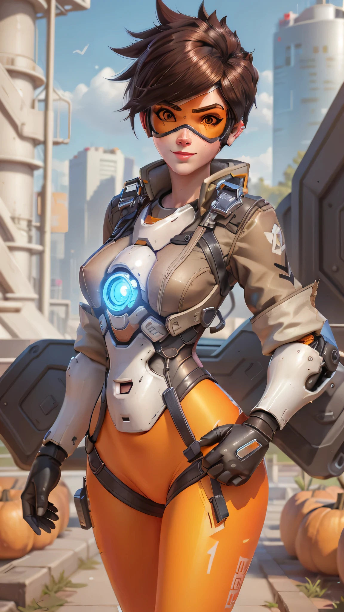 portrait of tracer, close up, gwen tennyson, tracer, overwatch, battle ruins, futuristic city, mecha pilot, bodysuit, brown short sleeve pilot jacket, neon orange sport leggings, short hair, punk makeup, hazel eyes, multicolored brown hair, shy smile, freckles, beautiful girl, medium breasts,8k,ultra detailed, realistic, fantasy art, cyborg armor, pilot uniform,(weather: windy), (visor, googles), salute stance,