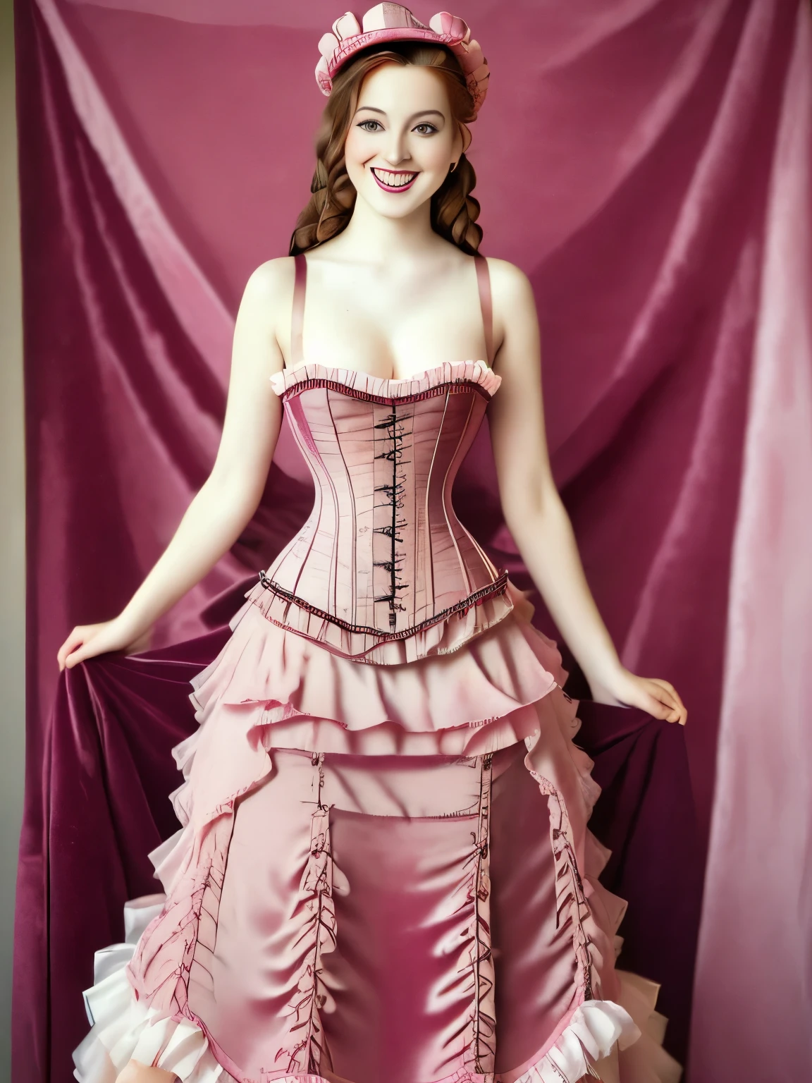 araffe woman in a pink dress and hat standing next to a table, a pastel by Joanna Carrington, tumblr, renaissance, elegant corset, romantic dress, velvet with lace gown, corset, victorian inspired clothing, in victorian aristocrat, dreamy and ethereal, victorian era, retro and ethereal, romantic gown, retro vintage and romanticism, victorian dress, tulle and lace