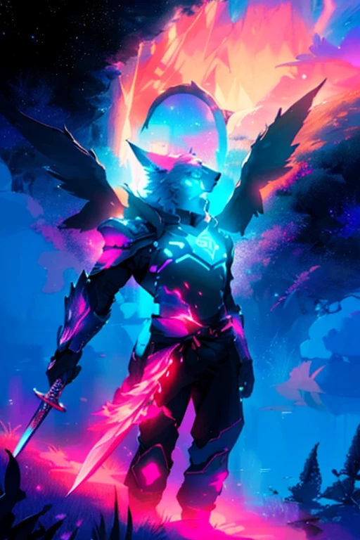 warrior with long wings, old men with wolf ears, (ultra-detailed), (perfect lighting), (dynamic angle), floating while landing, futuristic retro armor, long sword, fire pink neon glowing outline, starry sky, colorful clouds