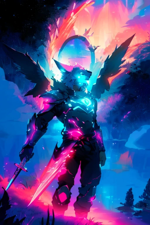 warrior with long wings, old men with wolf ears, (ultra-detailed), (perfect lighting), (dynamic angle), floating while landing, futuristic retro armor, long sword, fire pink neon glowing outline, starry sky, colorful clouds