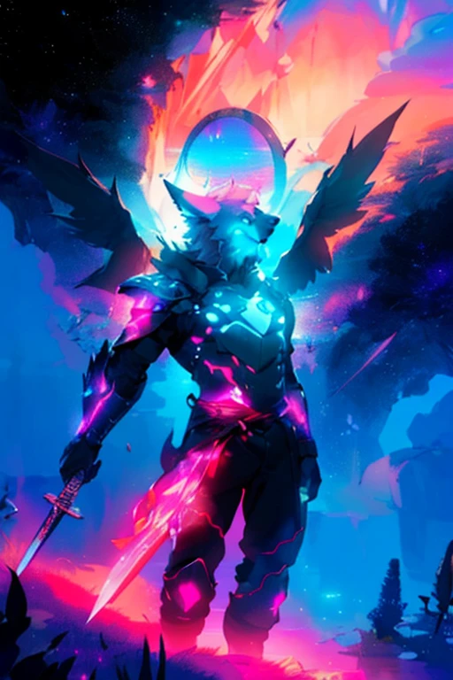 warrior with long wings, old men with wolf ears, (ultra-detailed), (perfect lighting), (dynamic angle), floating while landing, futuristic retro armor, long sword, fire pink neon glowing outline, starry sky, colorful clouds