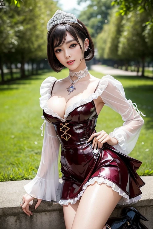nsfw, sexy stylish Thai model, only 1 female, ((doll-like appearance)), short Mahogany stylish hair, ((shiny Victorian-Style boots)), (big smile), ultra detailed eyes, vivid eye makeup, lipgloss, long lashes, defined eyebrows, ((sexy Paradise Kiss cosplay)), bell-shaped skirt, petticoats, high neckline, puffed sleeves, ((ultra detailed lace)), ((ultra detailed embroidery)), intricate details, Paradise Kiss accessoires and matching headpiece, choker, ((large sparkling Paradise Kiss jewelry)), cinematic light, detailed large park background with trees