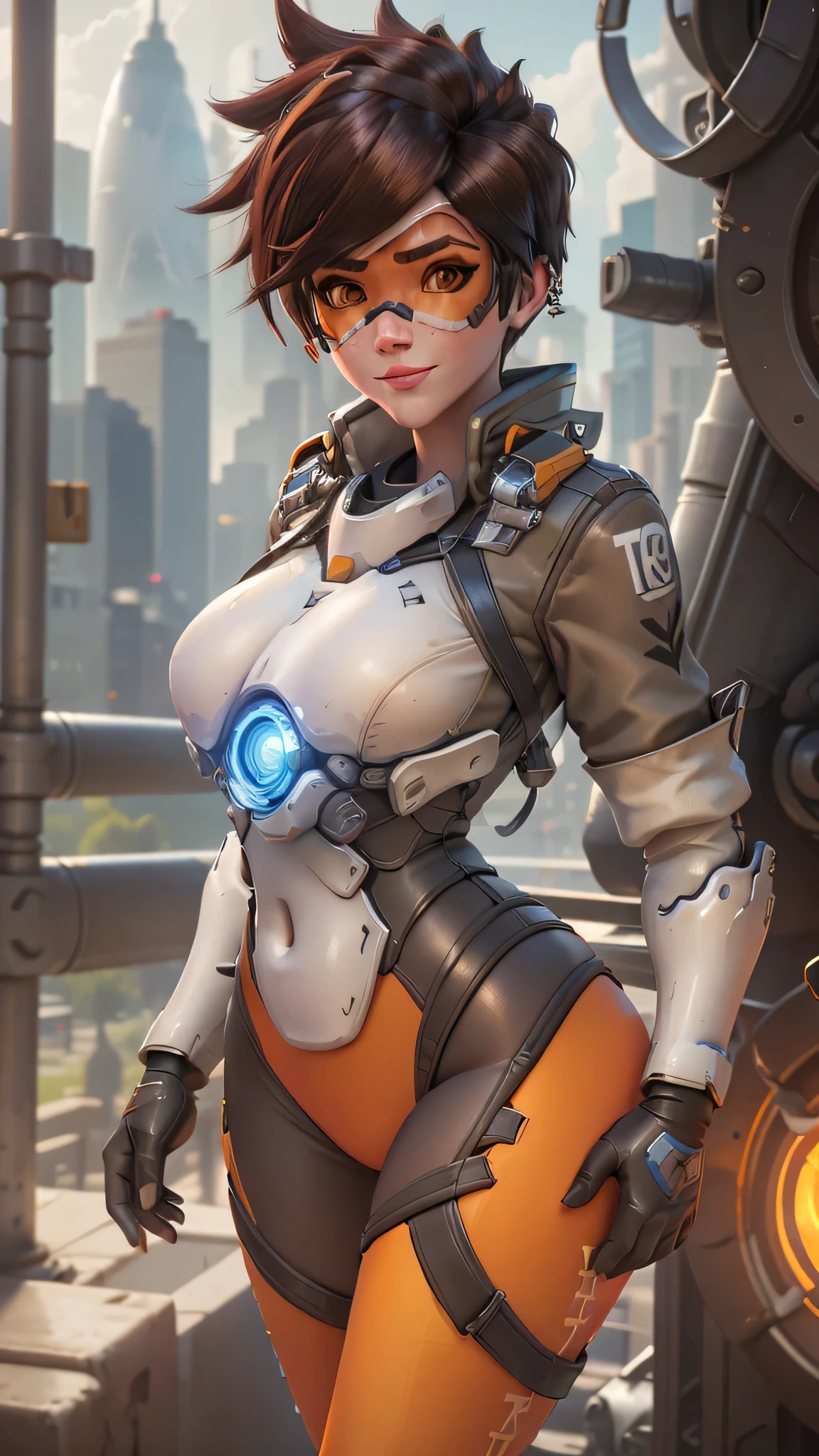 portrait of tracer, close up, 3d, CGI, gwen tennyson, tracer, overwatch, London, city park, modern city, mecha pilot, bodysuit, brown short sleeve pilot jacket, pumpkin orange sport leggings, short hair, punk makeup, hazel eyes, multicolored brown hair, happy smile, freckles, beautiful girl, medium breasts,8k,ultra detailed, realistic, fantasy art, cyborg armor, pilot uniform, ear piercings,(weather: windy), (visor, googles), combat stance, torn clothes,